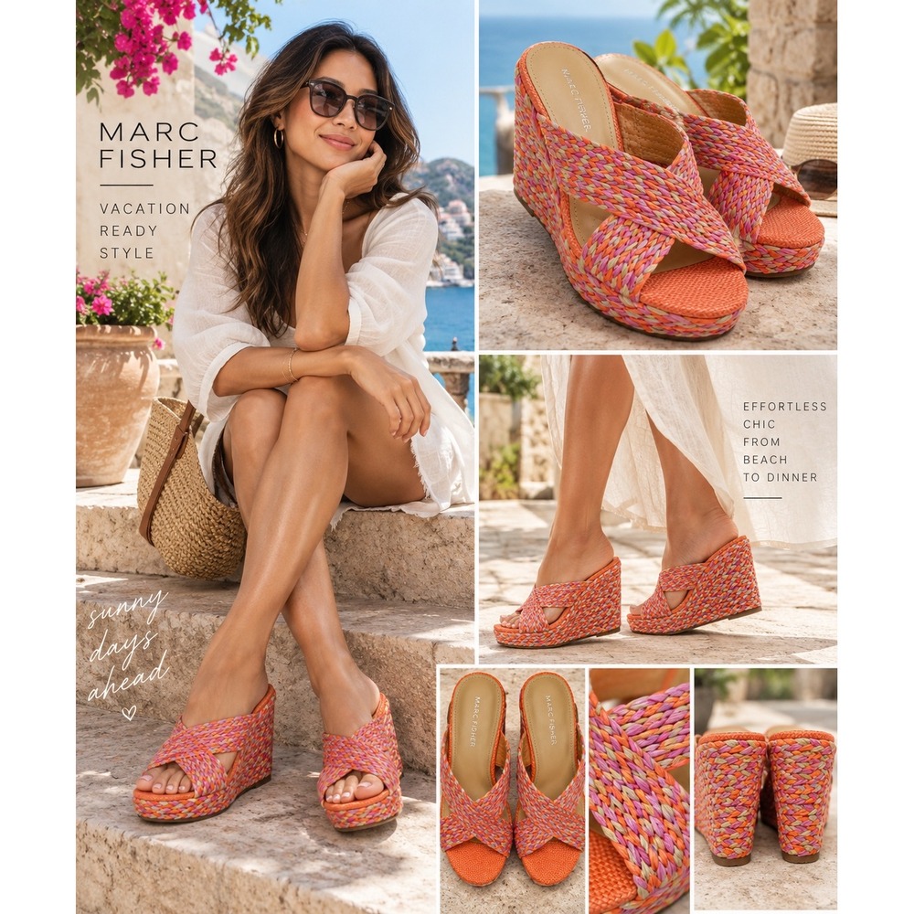 Marc Fisher Wedge Sandals Womens 8.5M Orange Pink Woven Raffia Platform Slides